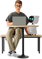 man working at laptop with robot assistant